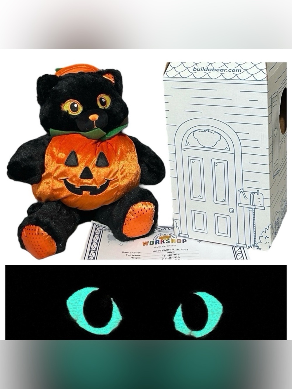 BUILD A BEAR Midnight Sparkle Kitty Black Cat GITD Eyes Pumpkin Costume Retired